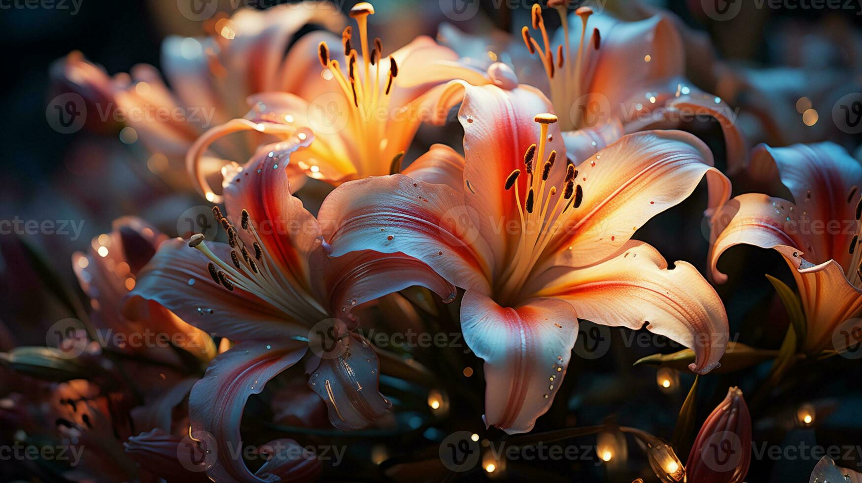 ai gegenereerd boeket van lelies in studio licht. helder licht vlekken Aan bloemen. donker achtergrond. plaats voor tekst. ruimte voor kopiëren. horizontaal formaat. macro fotografie. ai gegenereerd foto