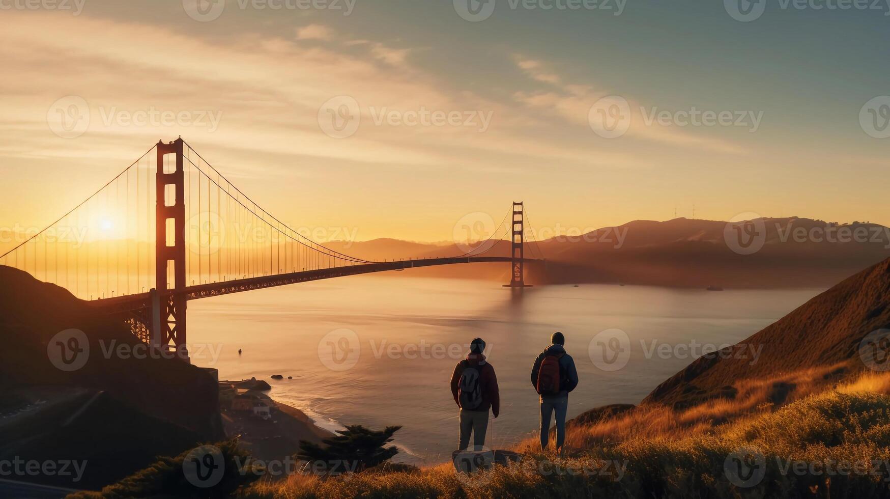 ai gegenereerd realiteit foto van Aziatisch Mens genieten van nemen foto's van de gouden poort brug Bij zonsopkomst