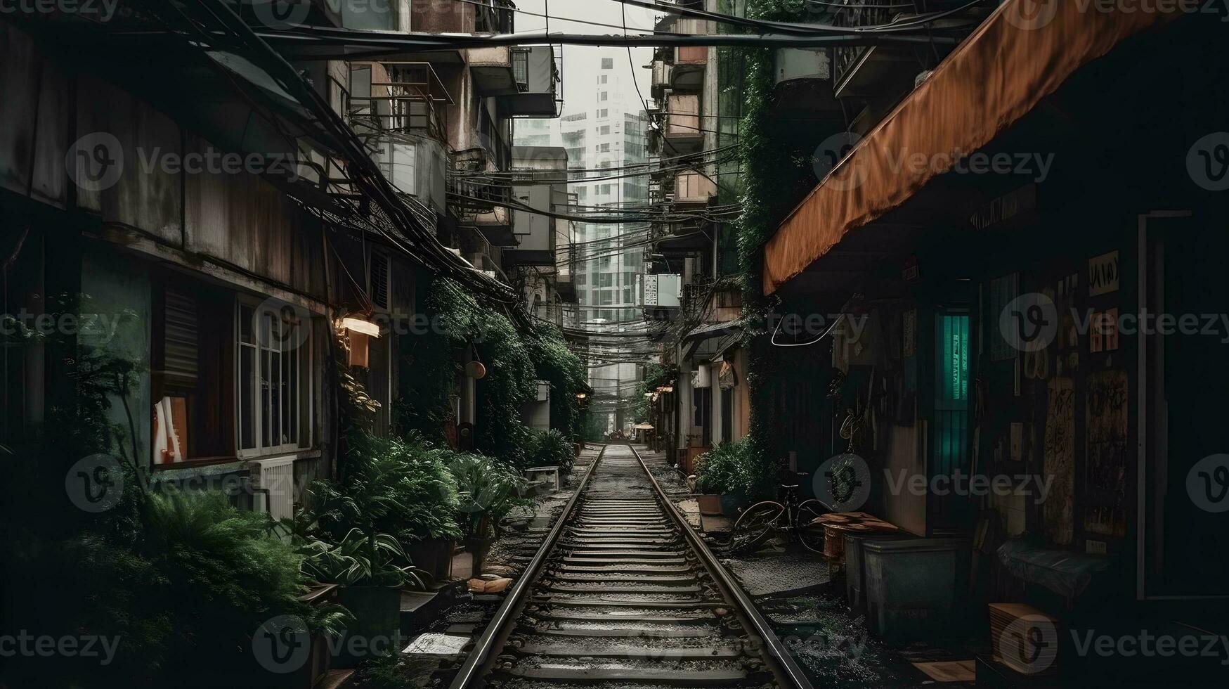 ai gegenereerd Hanoi woon- buitenwijk spoorweg kruispunt trog een versmallen straat. trein straat Hanoi Vietnam reizen bestemming. foto