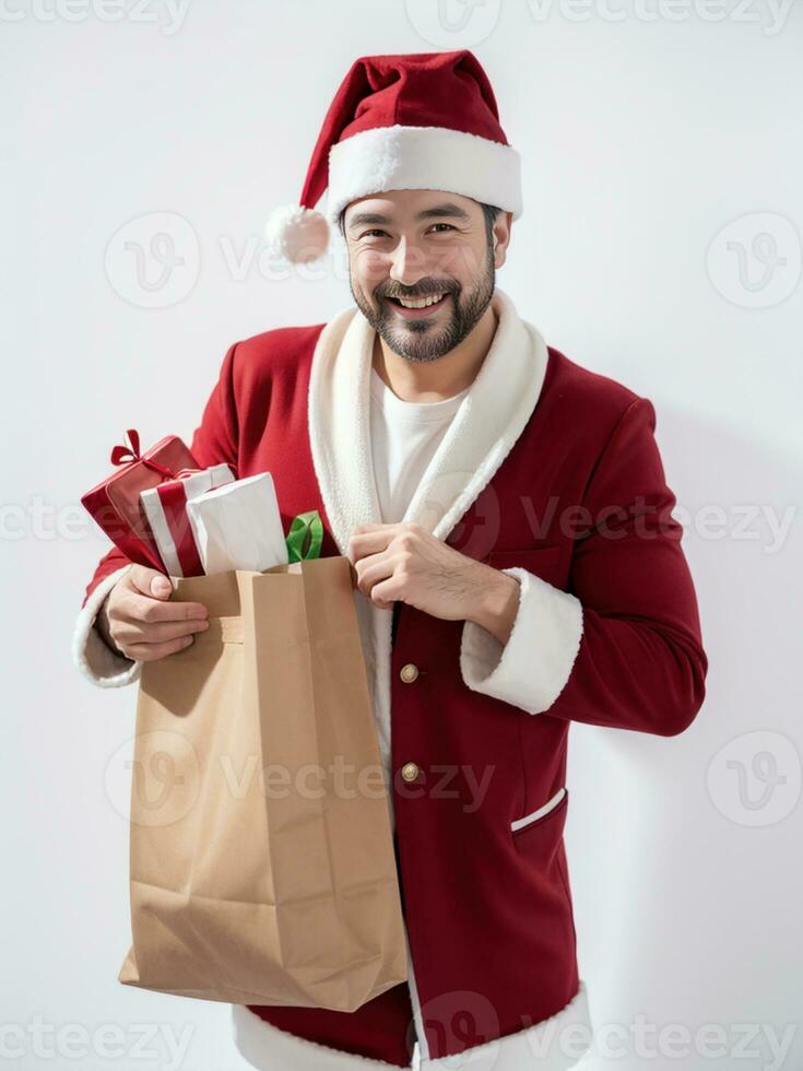 ai gegenereerd een Mens de kerstman claus Holding een geschenk zak Aan wit achtergrond ai gegenereerd foto