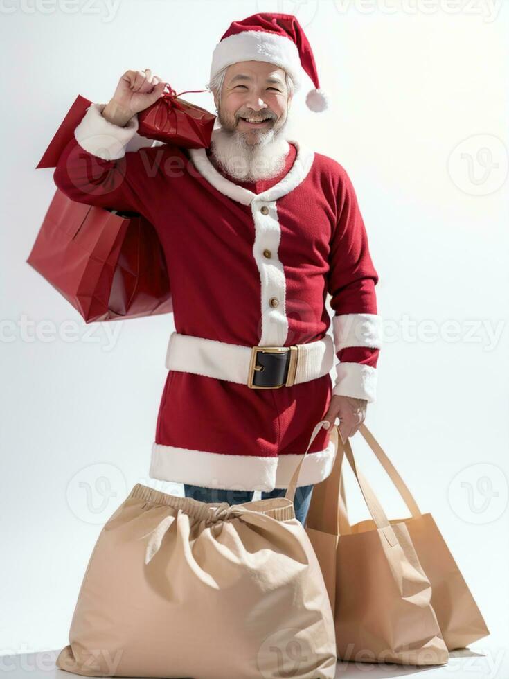 ai gegenereerd een Mens de kerstman claus Holding een geschenk zak Aan wit achtergrond ai gegenereerd foto