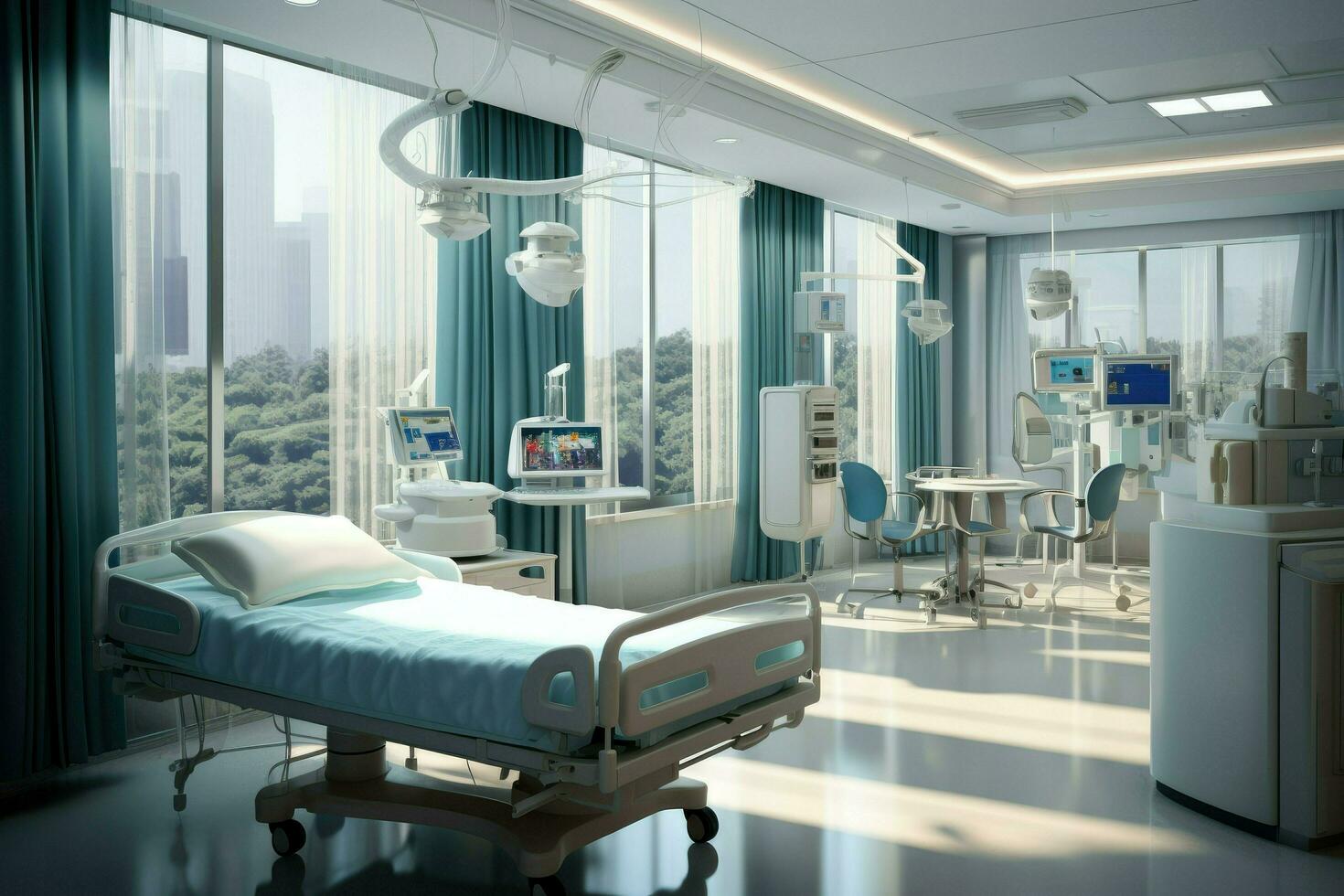 ai gegenereerd modern ziekenhuis kamer met een bed, comfortabel medisch interieur van een leeg ziekenhuis bed en herstel kamer met bed ai gegenereerd foto
