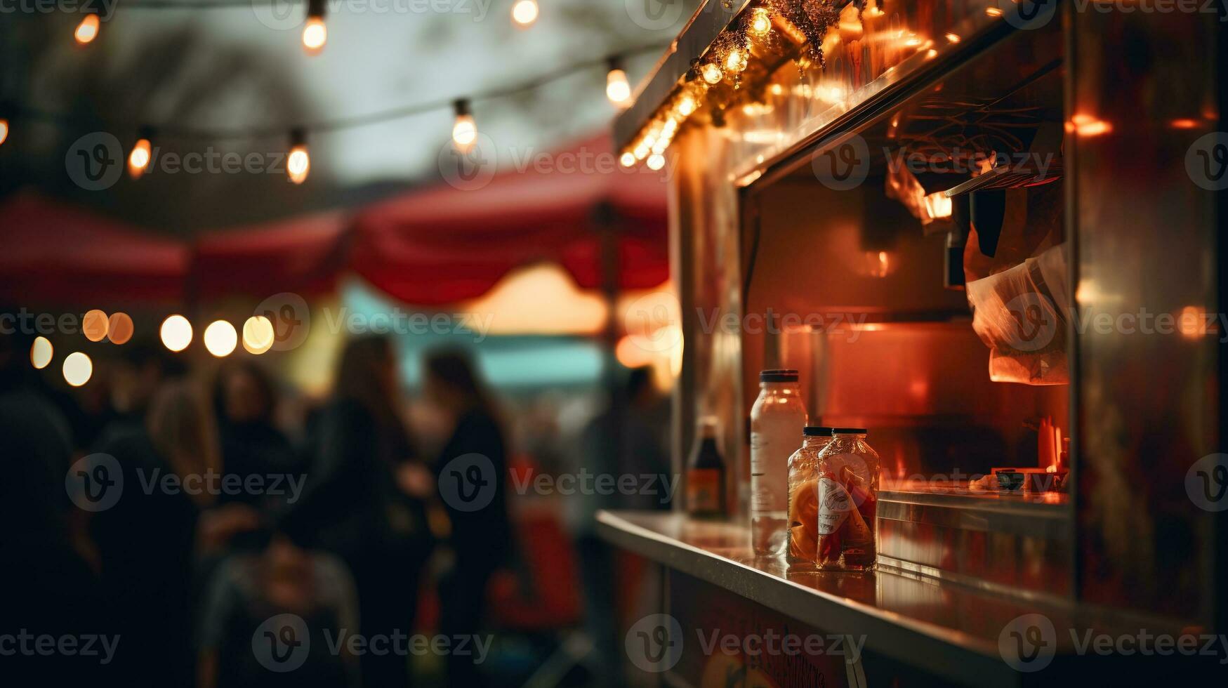 ai gegenereerd generatief ai, voedsel vrachtauto straat festival, wazig lichten achtergrond, sfeervol bokeh, gedempt kleuren foto