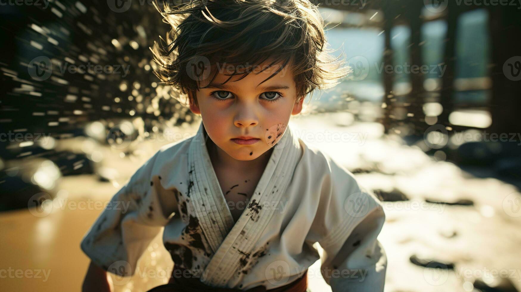 ai gegenereerd generatief ai, kind gekleed in een wit karate kimono, praktijk taekwondo, karate, judo foto