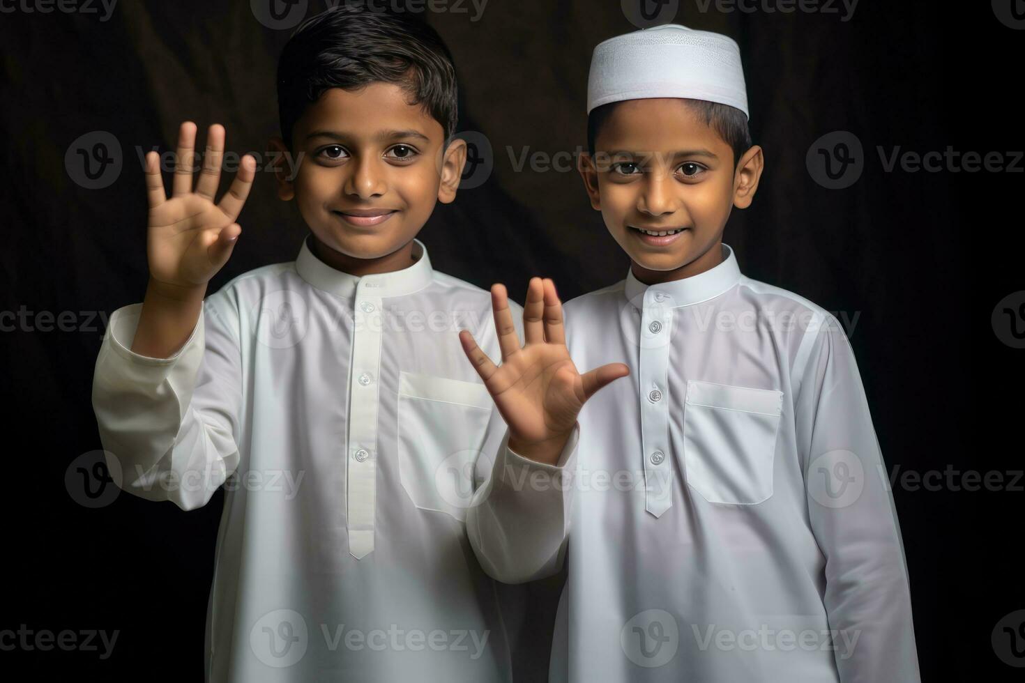ai gegenereerd twee jong jongens in wit moslim kleding vieren en tellen hun vingers foto
