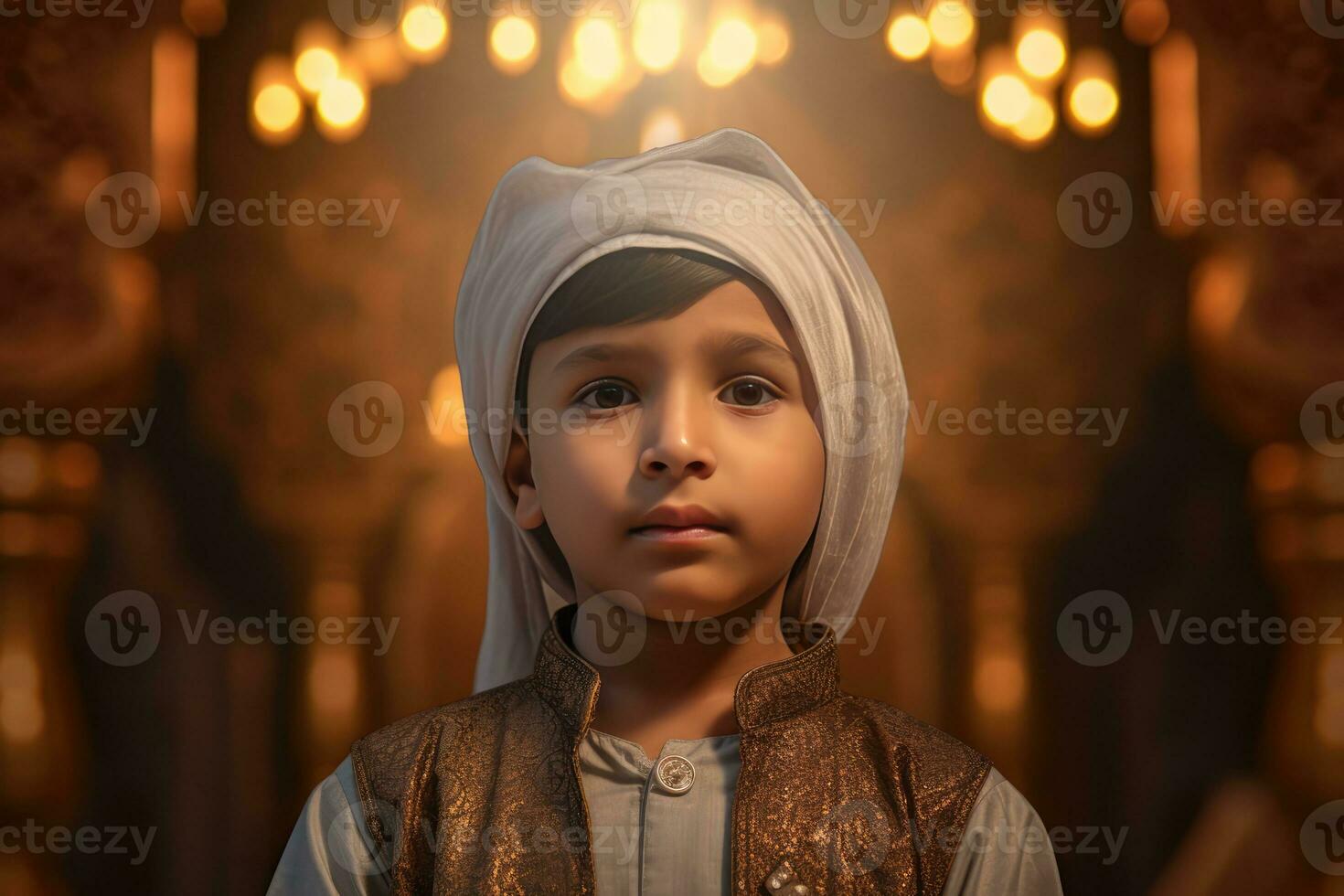 ai gegenereerd jong moslim jongen vervelend een wit tulband, traditioneel kleding, en een groen gewaad foto