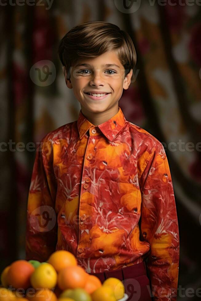 ai gegenereerd een glimlachen weinig jongen poseren in een kleurrijk hawaiiaans overhemd foto