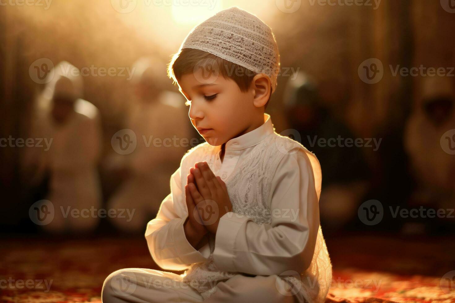 ai gegenereerd een jong jongen bidden in een moskee foto
