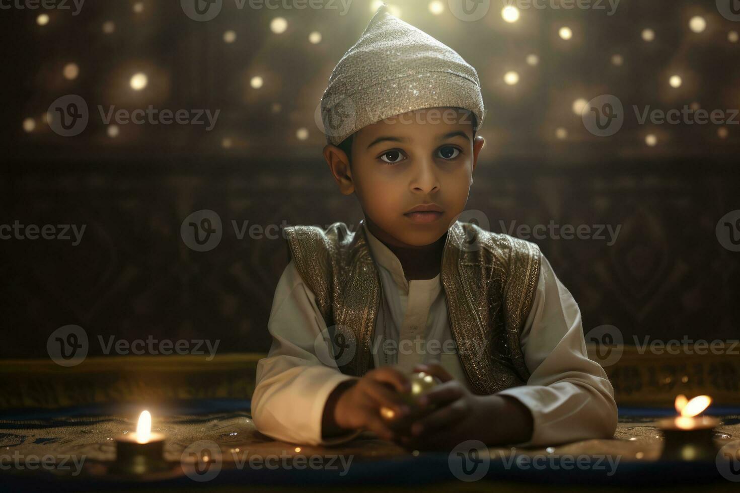 ai gegenereerd de betoverend wereld van een kind - een jong moslim jongen in een rijk, cultureel instelling foto