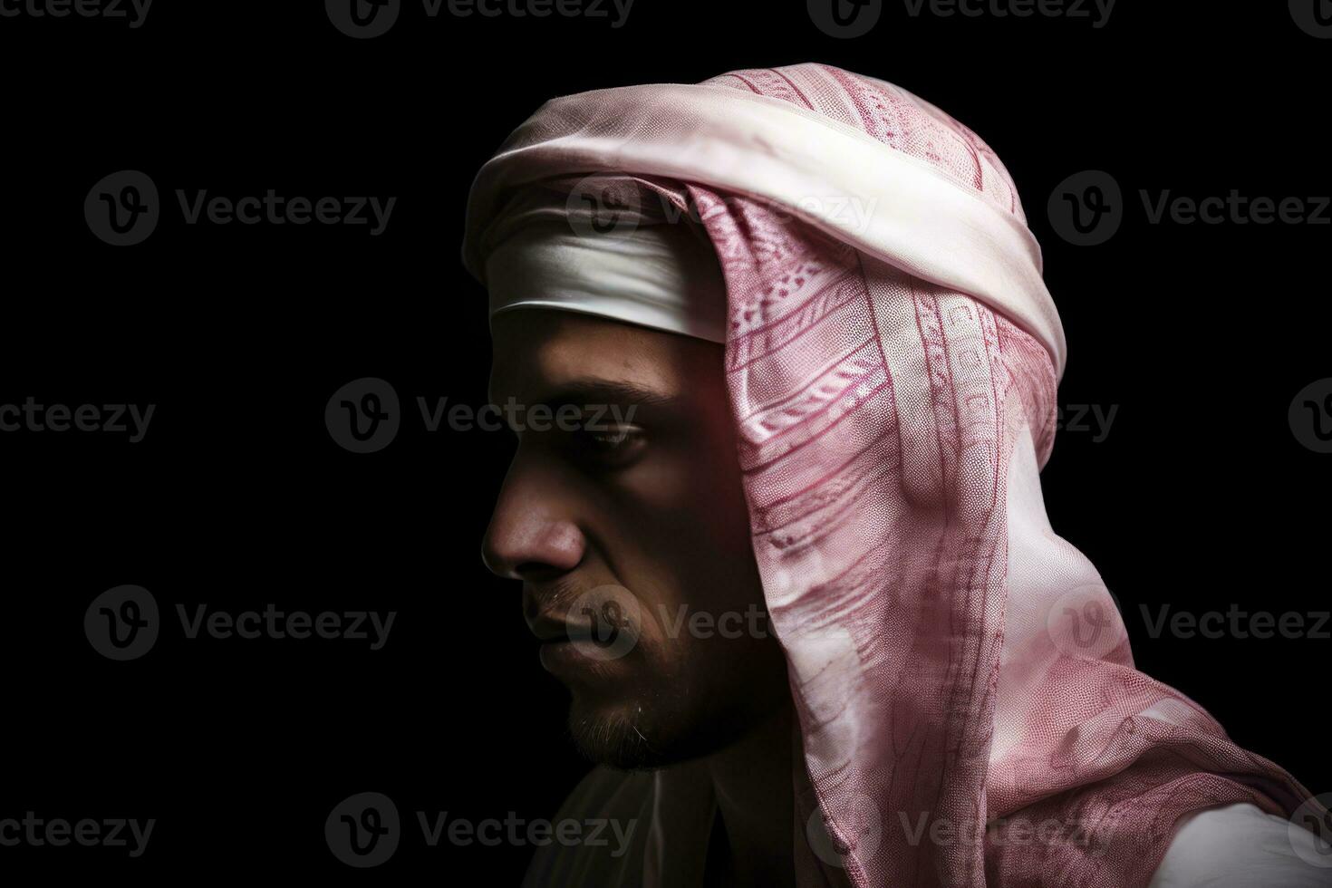 ai gegenereerd Mens vervelend traditioneel hoofdtooi, met roze en wit kleding stof foto