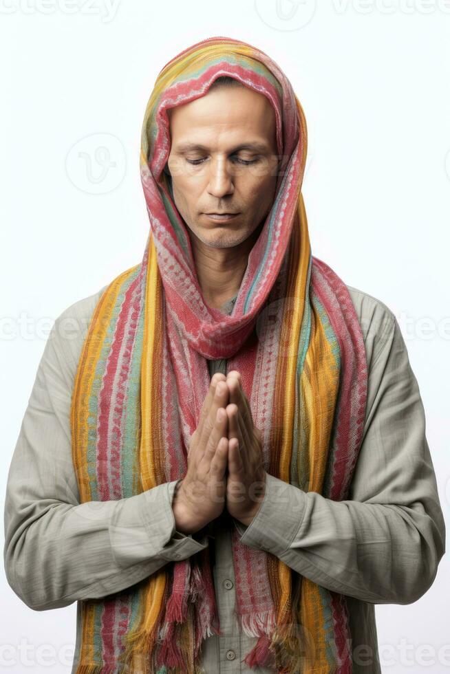 ai gegenereerd een Mens bidden met zijn handen geklemd samen foto