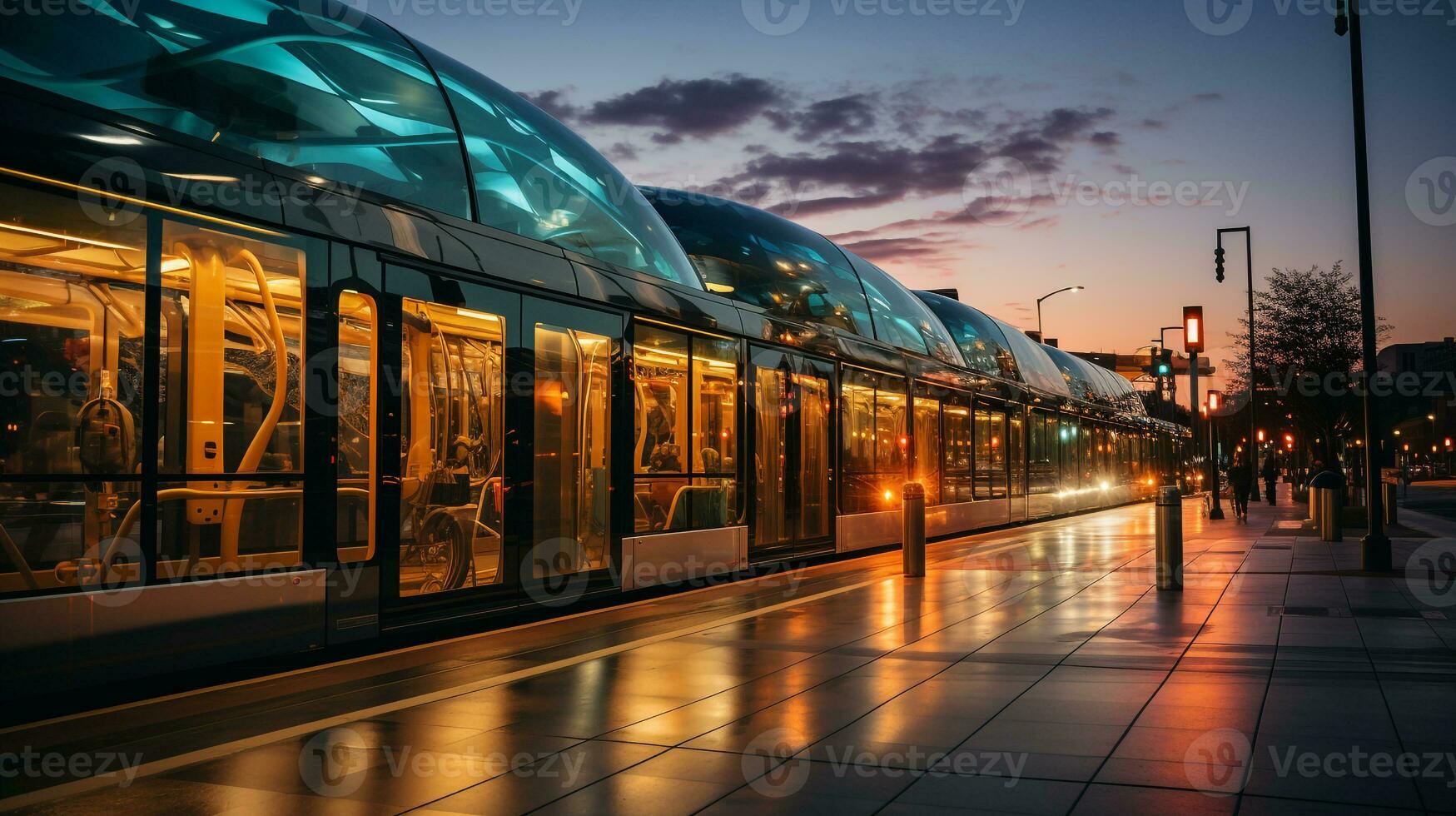 ai gegenereerd een foto van elektrisch bussen bekleed omhoog Bij een downtown doorvoer middelpunt. generatief ai