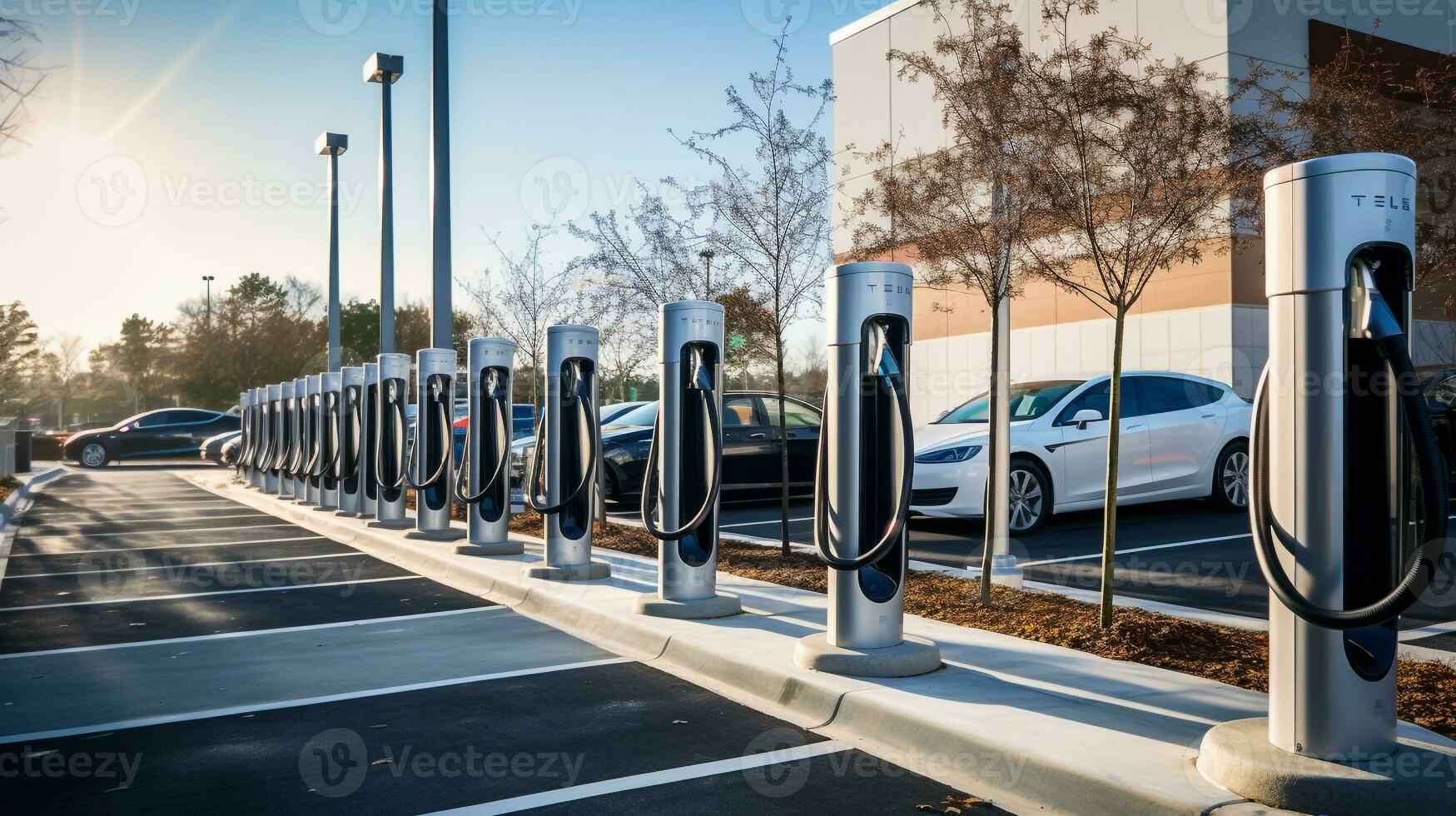 ai gegenereerd een foto van een rij van elektrisch opladen stations voor voertuigen in een stad parkeren kavel. generatief ai