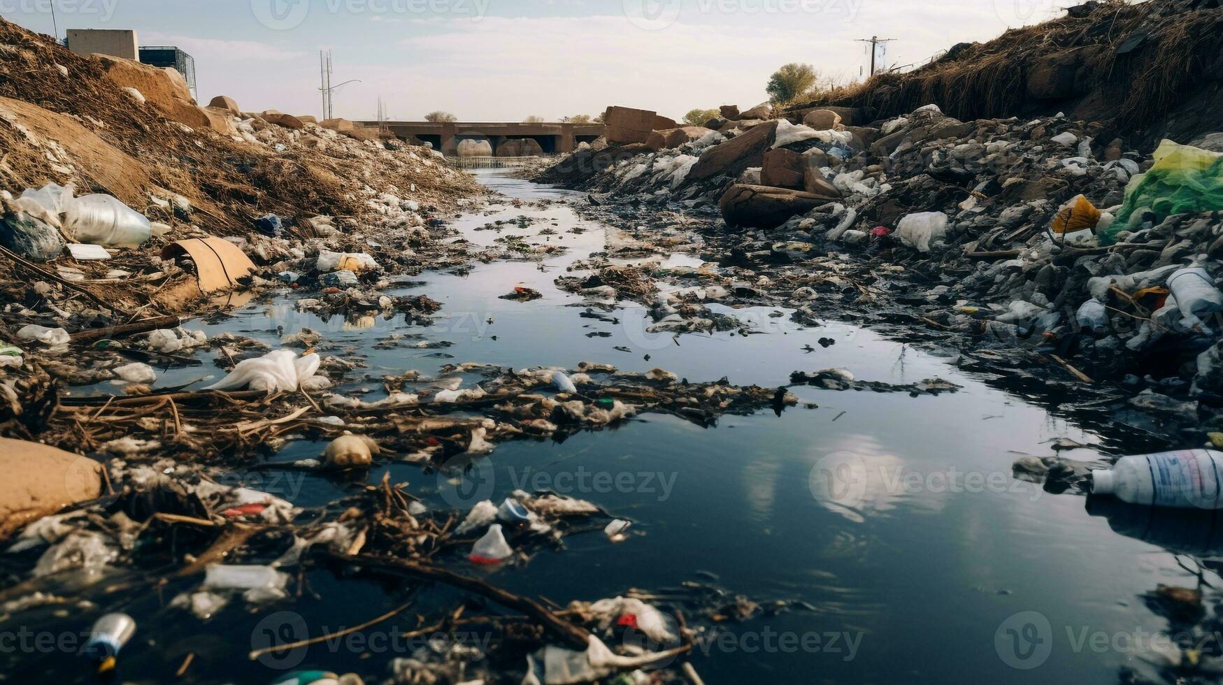 ai gegenereerd een foto van een vervuild oever van de rivier met weggegooid verspilling en vervuild water. generatief ai