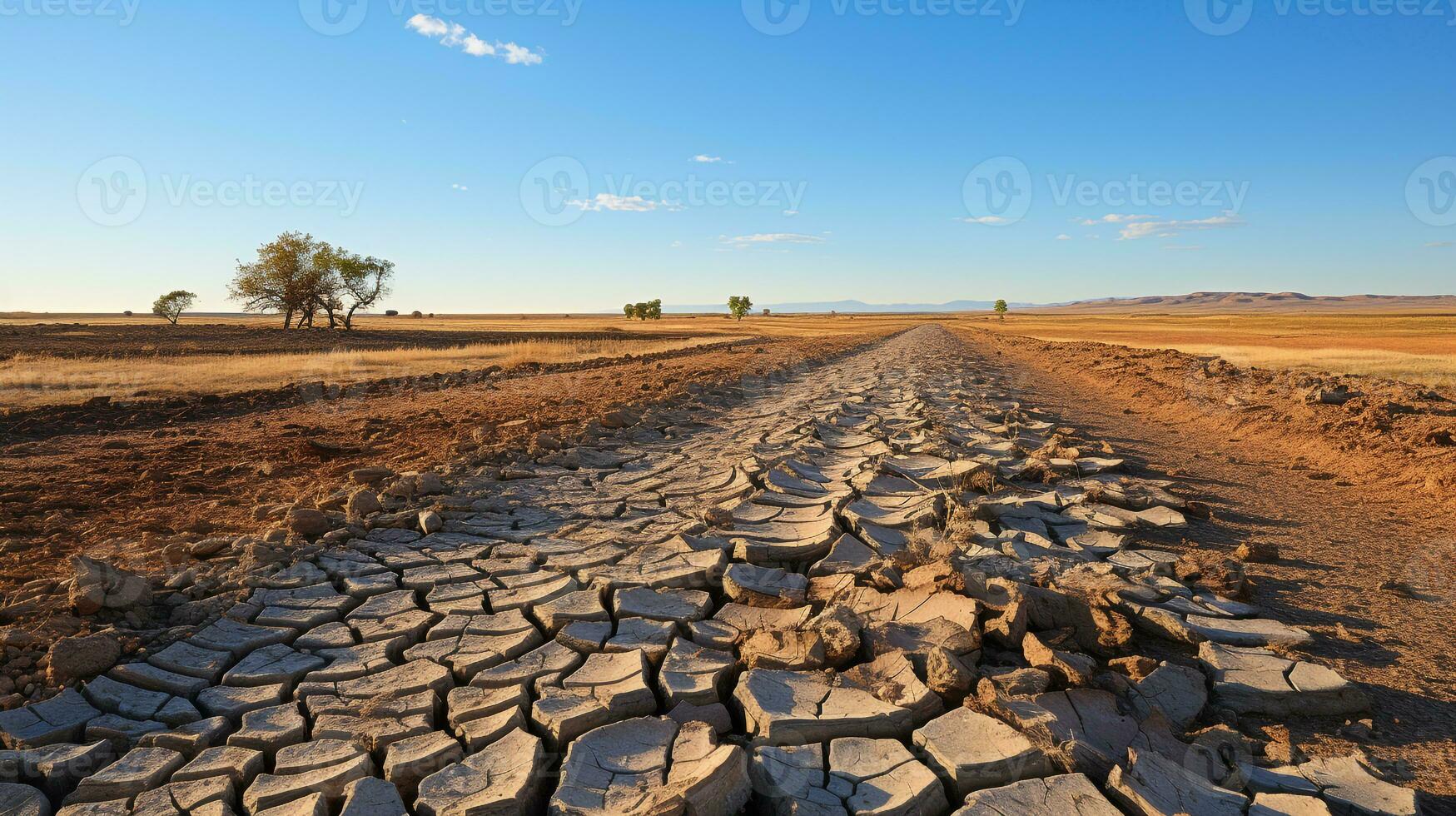 ai gegenereerd een foto van een uitgedroogd, gebarsten rivierbedding in een droogte getroffen regio. generatief ai