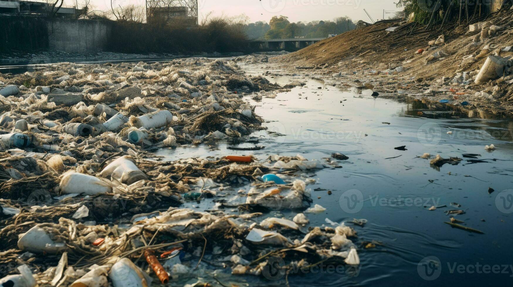 ai gegenereerd een foto van een vervuild oever van de rivier met weggegooid verspilling en vervuild water. generatief ai