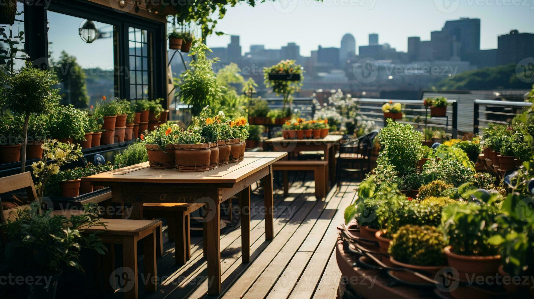 ai gegenereerd een foto van een downtown op het dak tuin of stedelijk boerderij, illustreren inspanningen naar verminderen de stedelijk warmte eiland effect en promoten lokaal voedsel productie. generatief ai