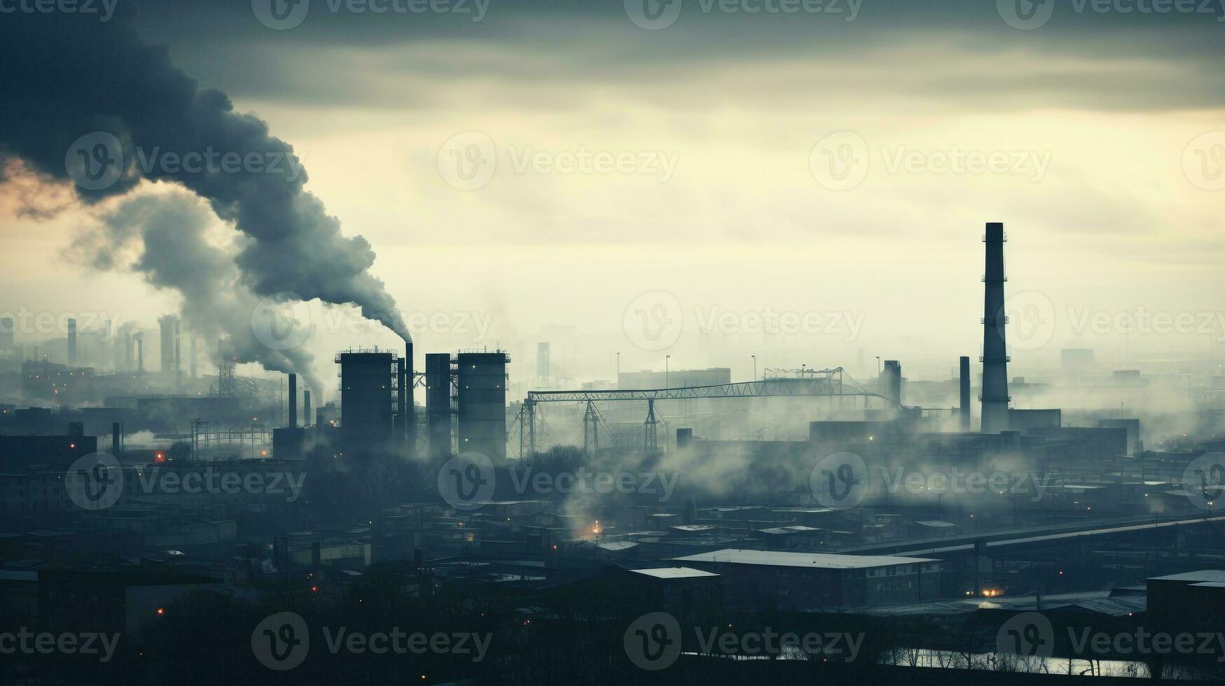 ai gegenereerd een foto van een stadsgezicht gehuld in vroeg ochtend- mist en fabriek rook. generatief ai