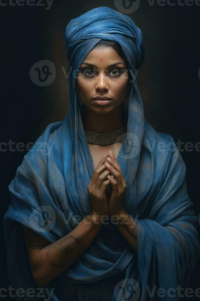 ai gegenereerd een vrouw in een blauw sluier, mediteren en Holding haar handen samen. foto
