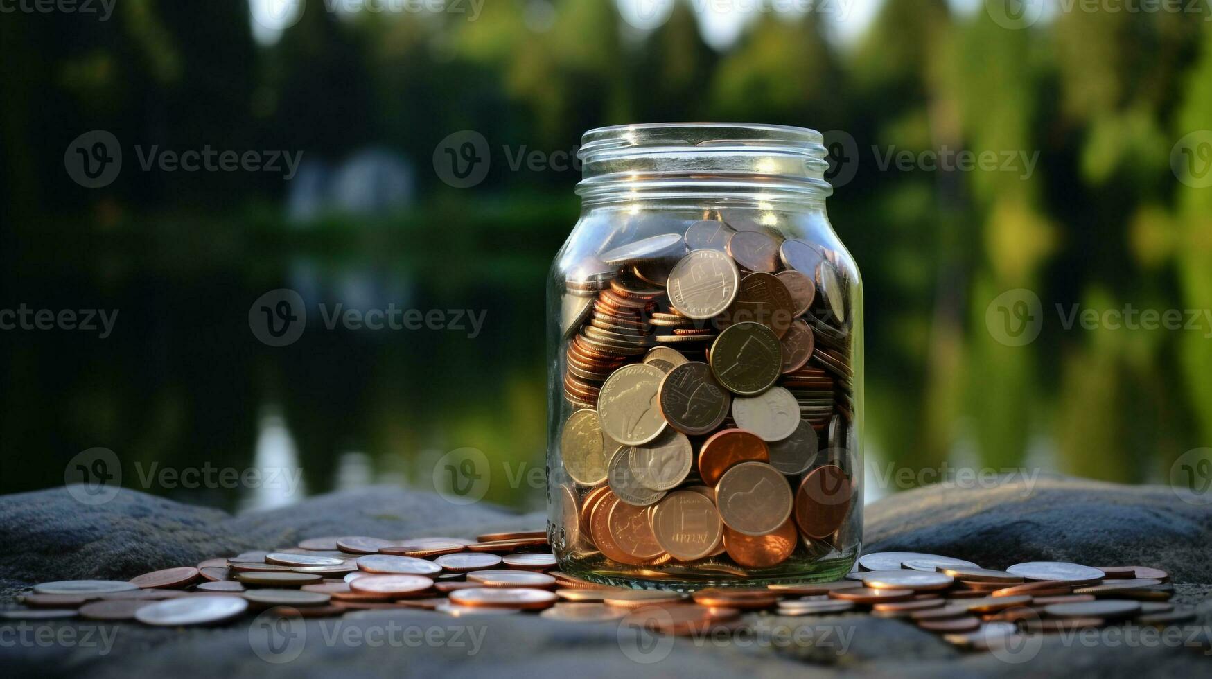 ai gegenereerd foto van een glas pot gevulde met munten tegen een natuur. generatief ai