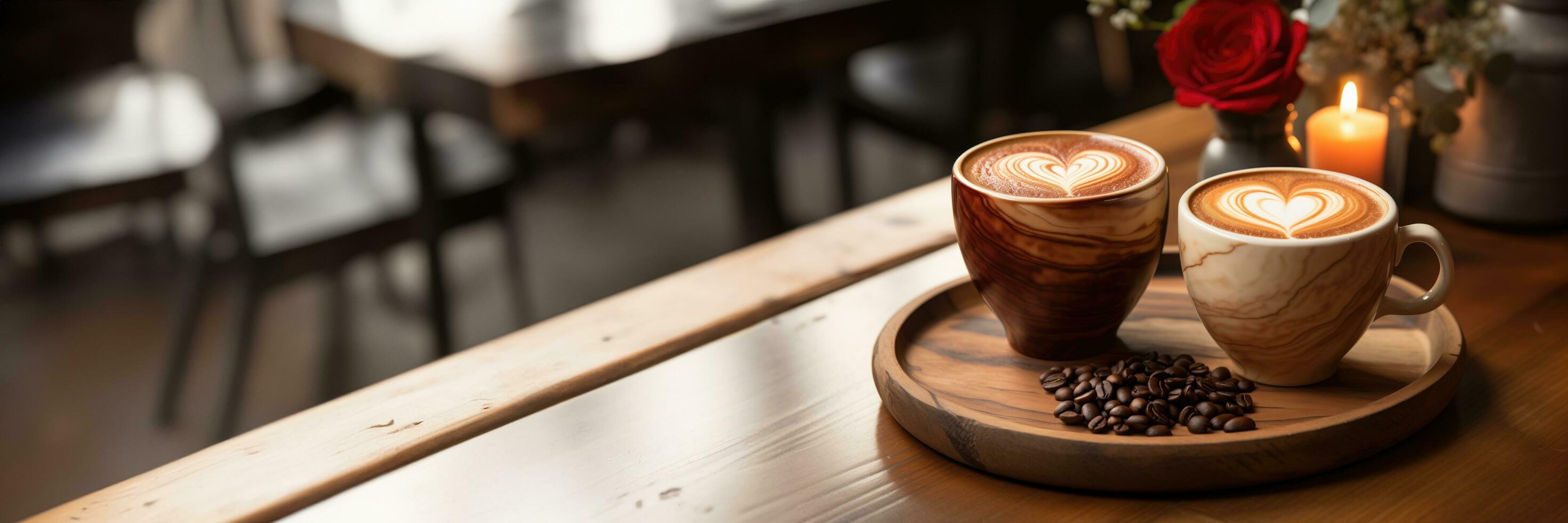 ai gegenereerd valentijnsdag dag koffie winkel datum met hart vormig latte kunst Aan teruggewonnen houten tafels met terra cotta en romig espresso tinten foto