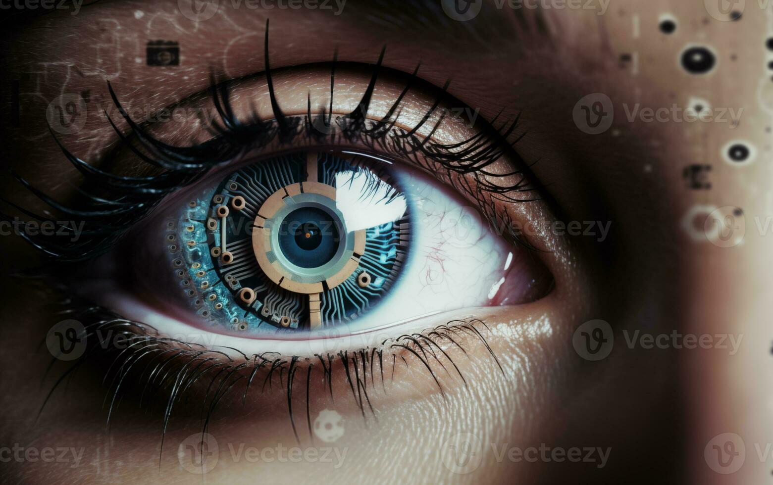 ai gegenereerd de cybernetisch oog van kunstmatig intelligentie- transformeert menselijk visie foto