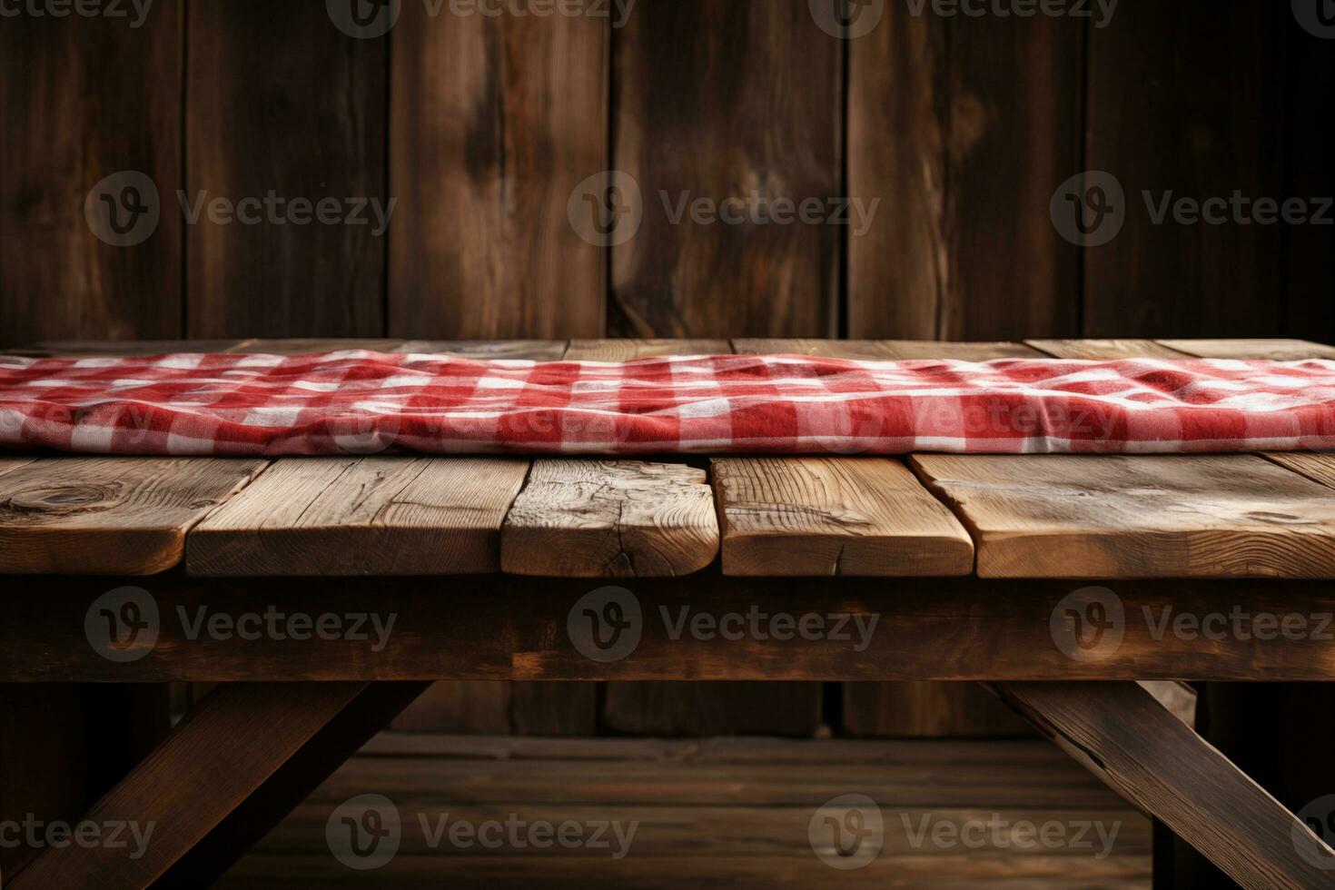 ai gegenereerd een rood geruit tafelkleed Aan een houten tafel, reeks tegen een houten achtergrond foto