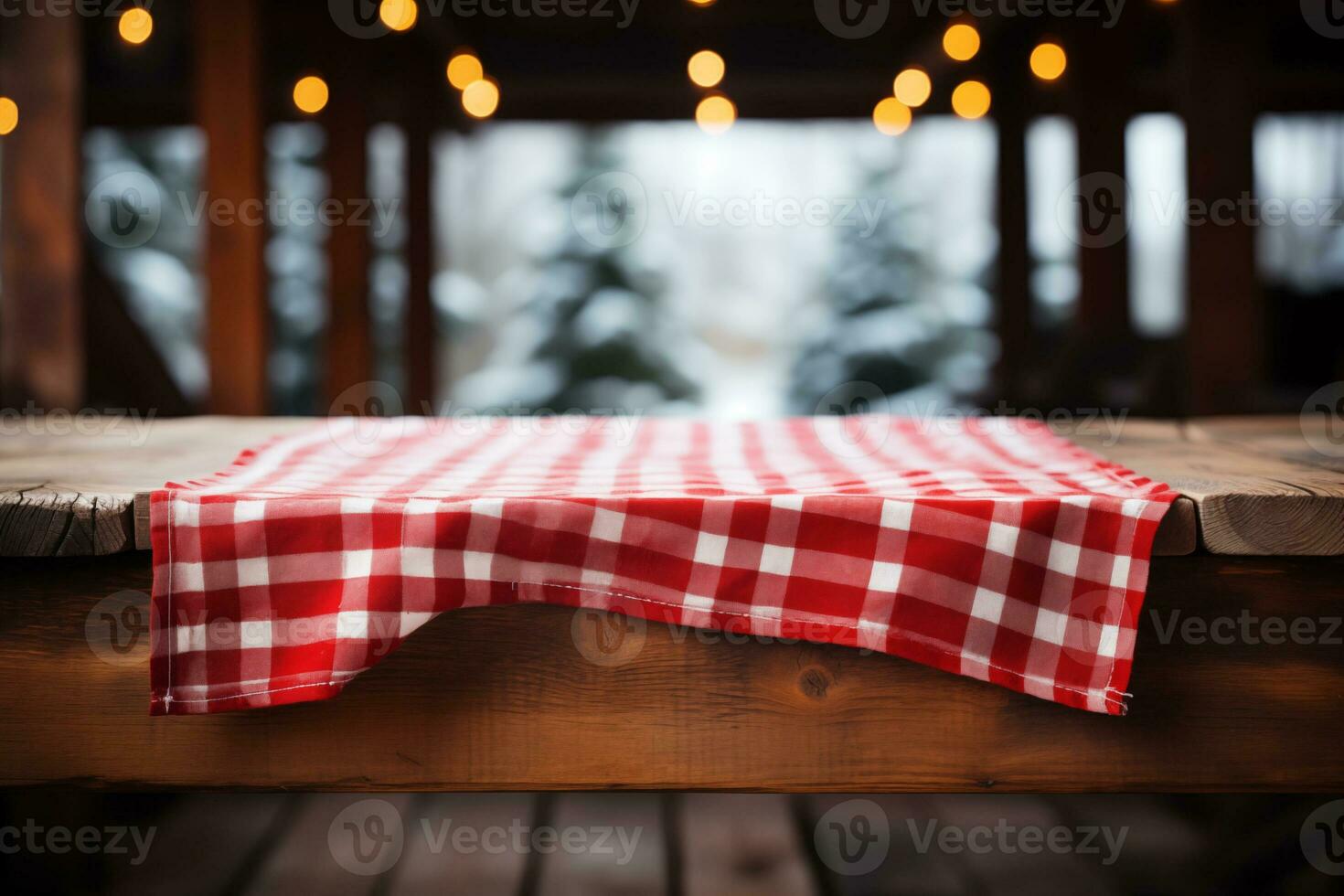 ai gegenereerd een rood geruit tafelkleed Aan een houten tafel, reeks tegen een houten achtergrond foto