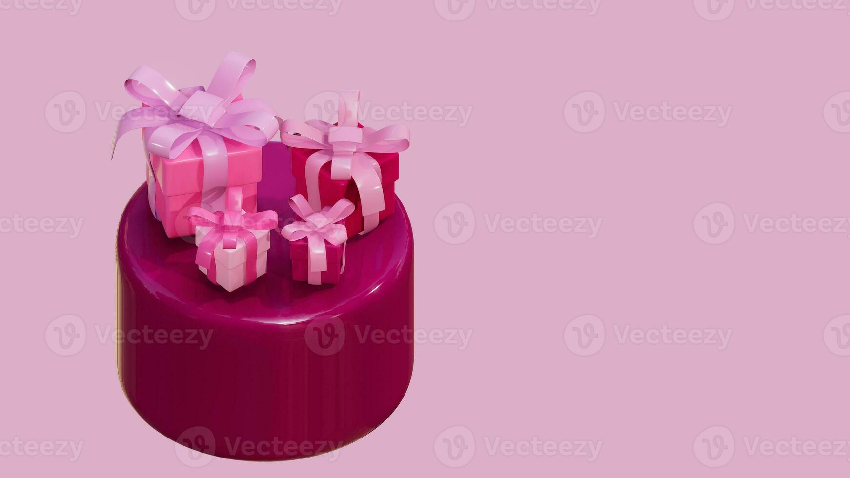 3d renderen van Valentijn dag thema, cilinder Product Scherm met geschenk doos Aan roze achtergrond foto