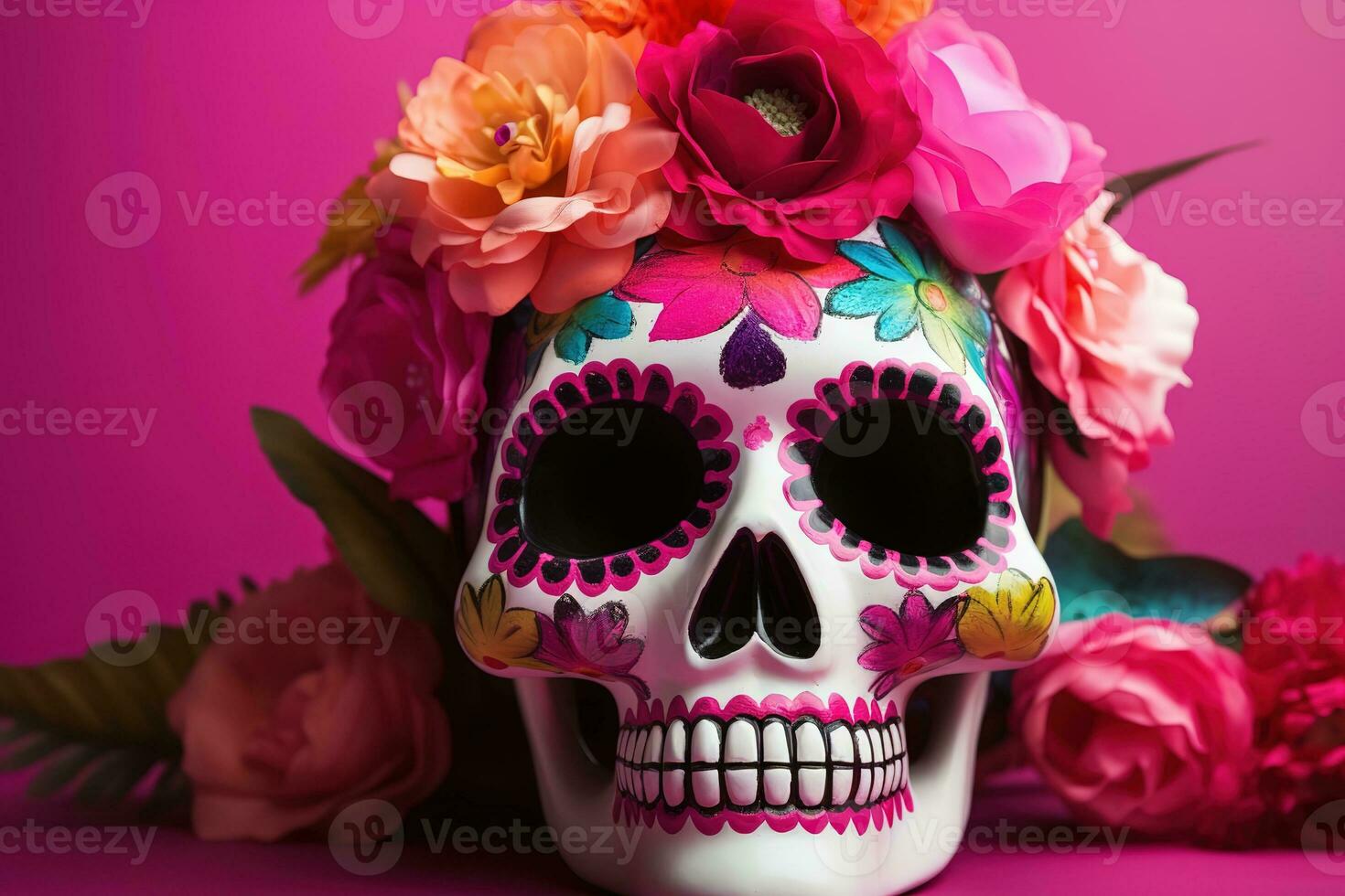 ai gegenereerd een suiker schedel met bloemen Aan een roze achtergrond foto