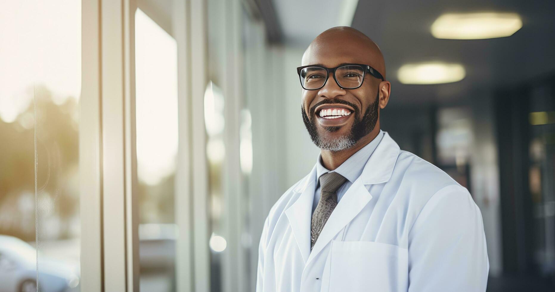 ai gegenereerd portret van volwassen mannetje dokter vervelend wit jas staand in ziekenhuis laboratorium foto