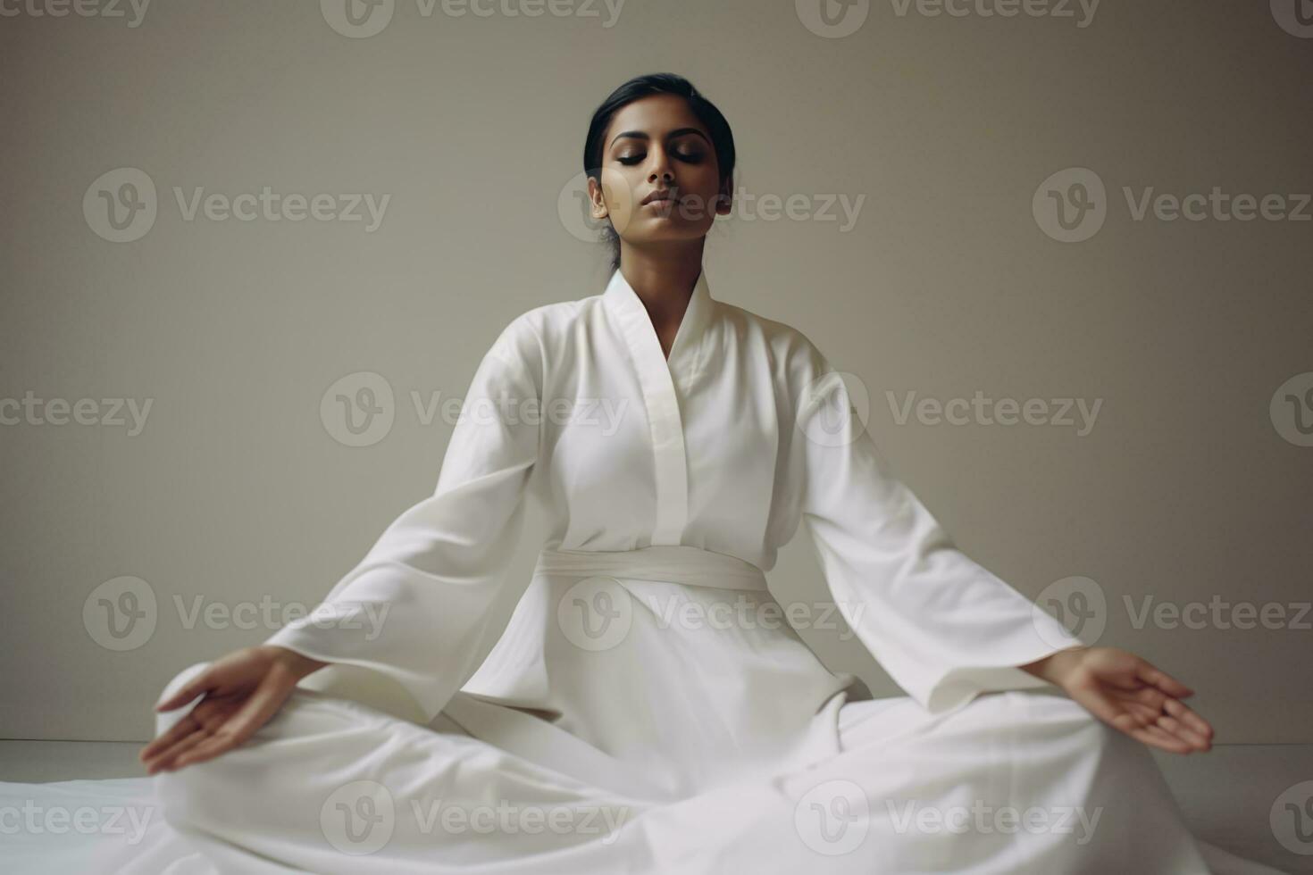 ai gegenereerd een vrouw mediteren in een wit jurk foto