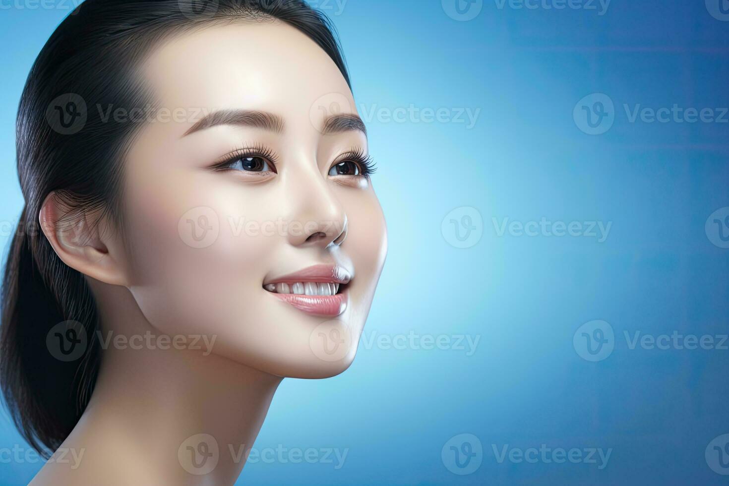 ai gegenereerd huidsverzorging en bedenken concept mooi Aziatisch vrouw vrouw met gezond gelaats huid dichtbij omhoog portret foto