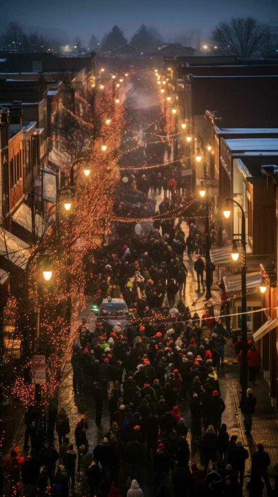 ai gegenereerd de straten zijn gevulde met feestvierders, verpakt in warm jassen, hoeden, en sjaals foto