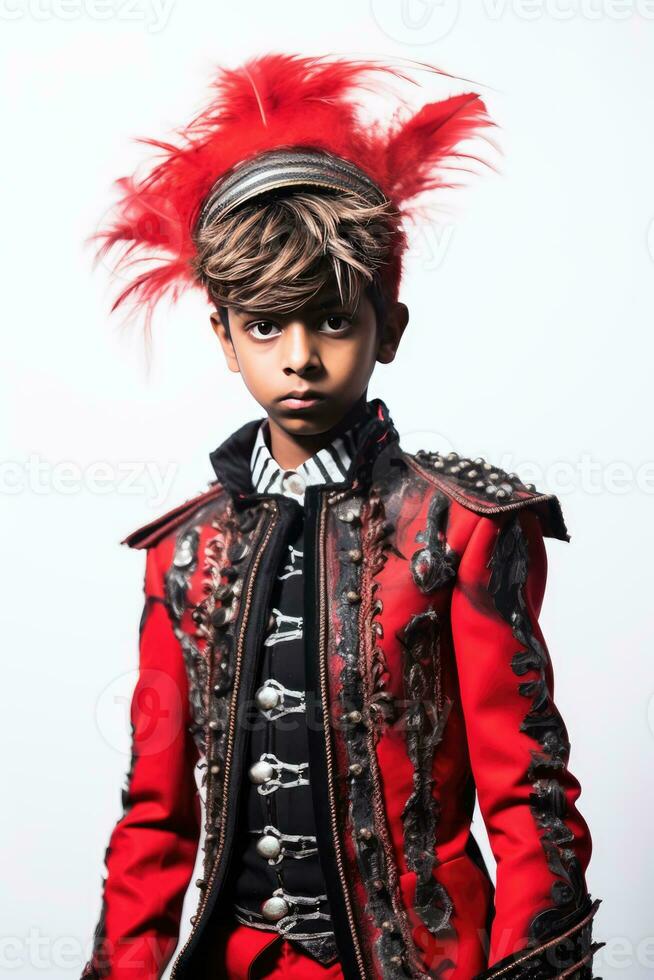 een jong jongen in een uniek en stoutmoedig kleding. hij is vervelend een jasje versierd met rood haar, een piraat hoed, en een jas. zijn ensemble ook omvat traditioneel Indisch gewaad, maken voor een interessant en cultureel verschillend mengen van kleding. de jongens kleding, langs foto