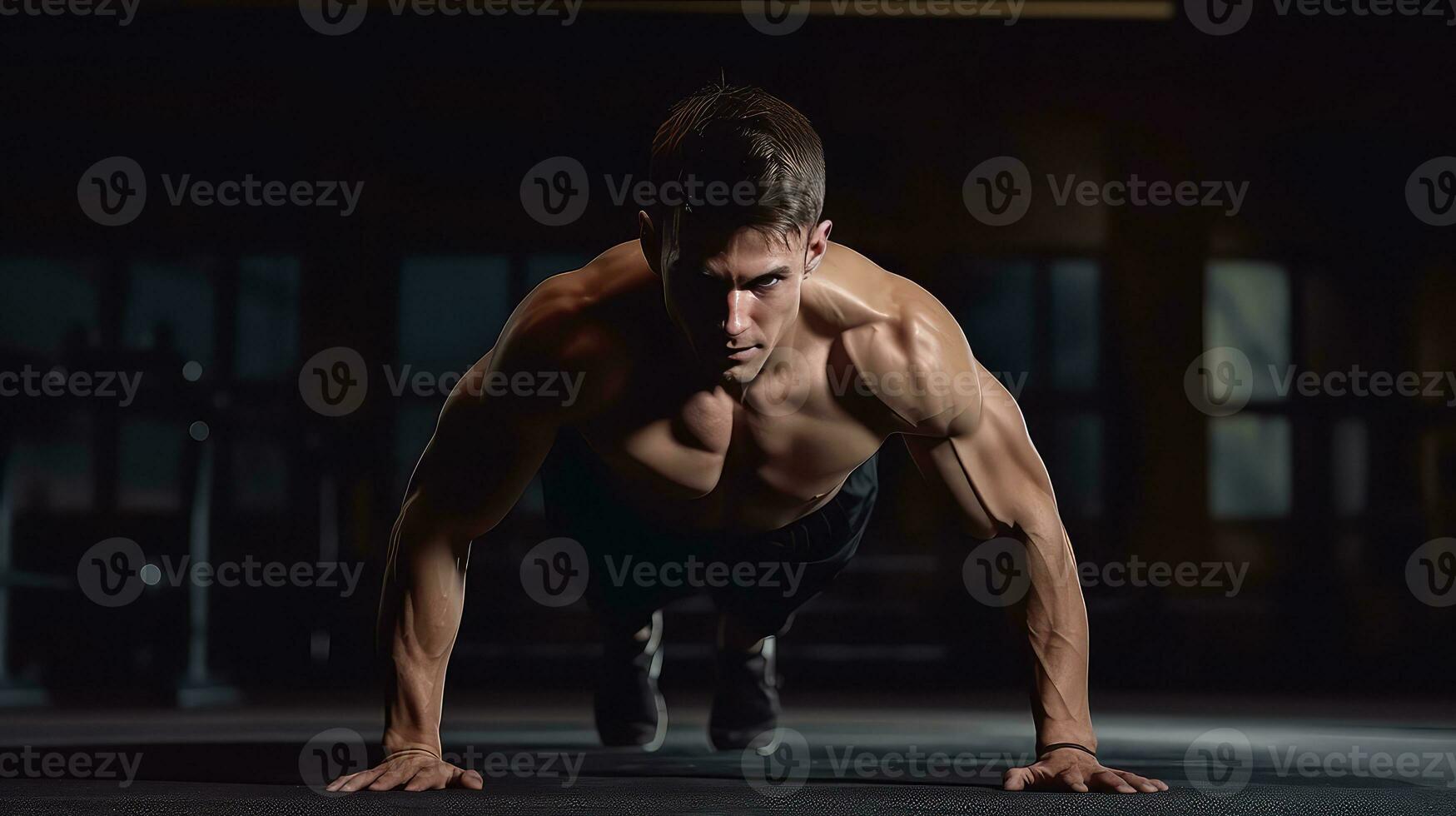 ai gegenereerd jong Mens staand sterk in de Sportschool en buigen spieren, Mens aan het doen Opdrukken, lichaamsgewicht opdrachten foto