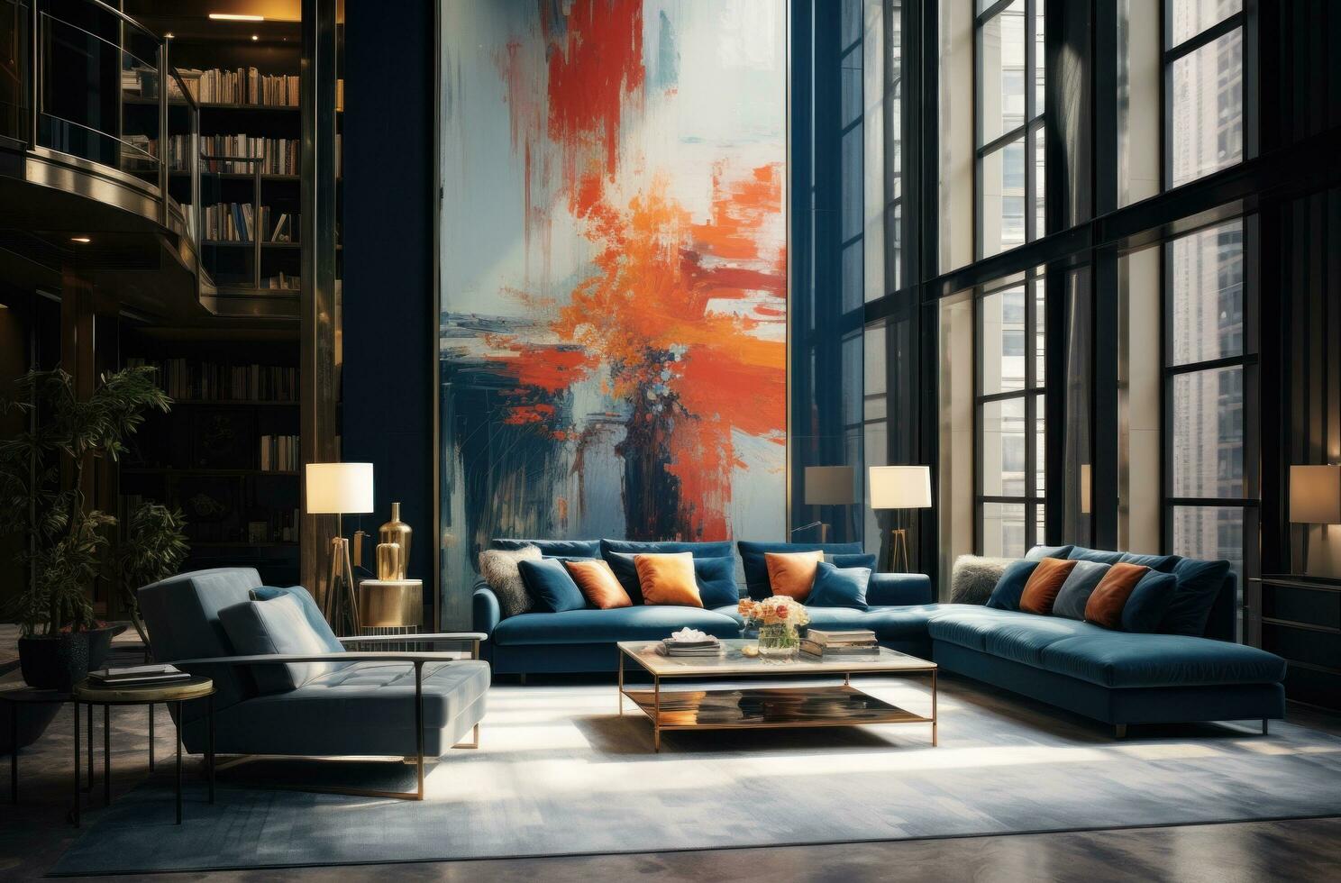 ai gegenereerd een helder leven kamer met blauw meubilair en een groot schilderij in de achtergrond foto
