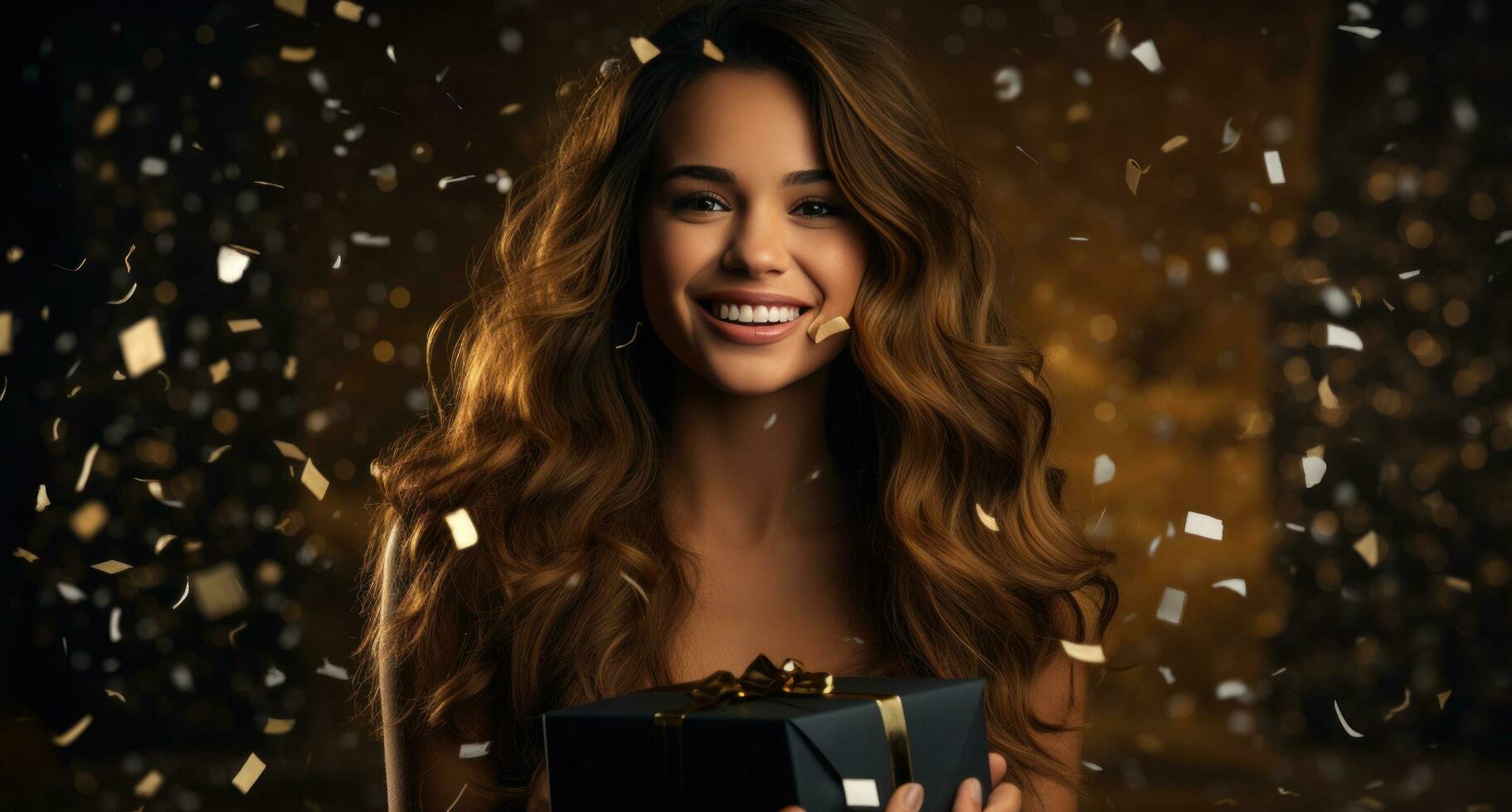 ai gegenereerd een vrouw Holding een geschenk doos met wit sterren met confetti voor een elegant foto
