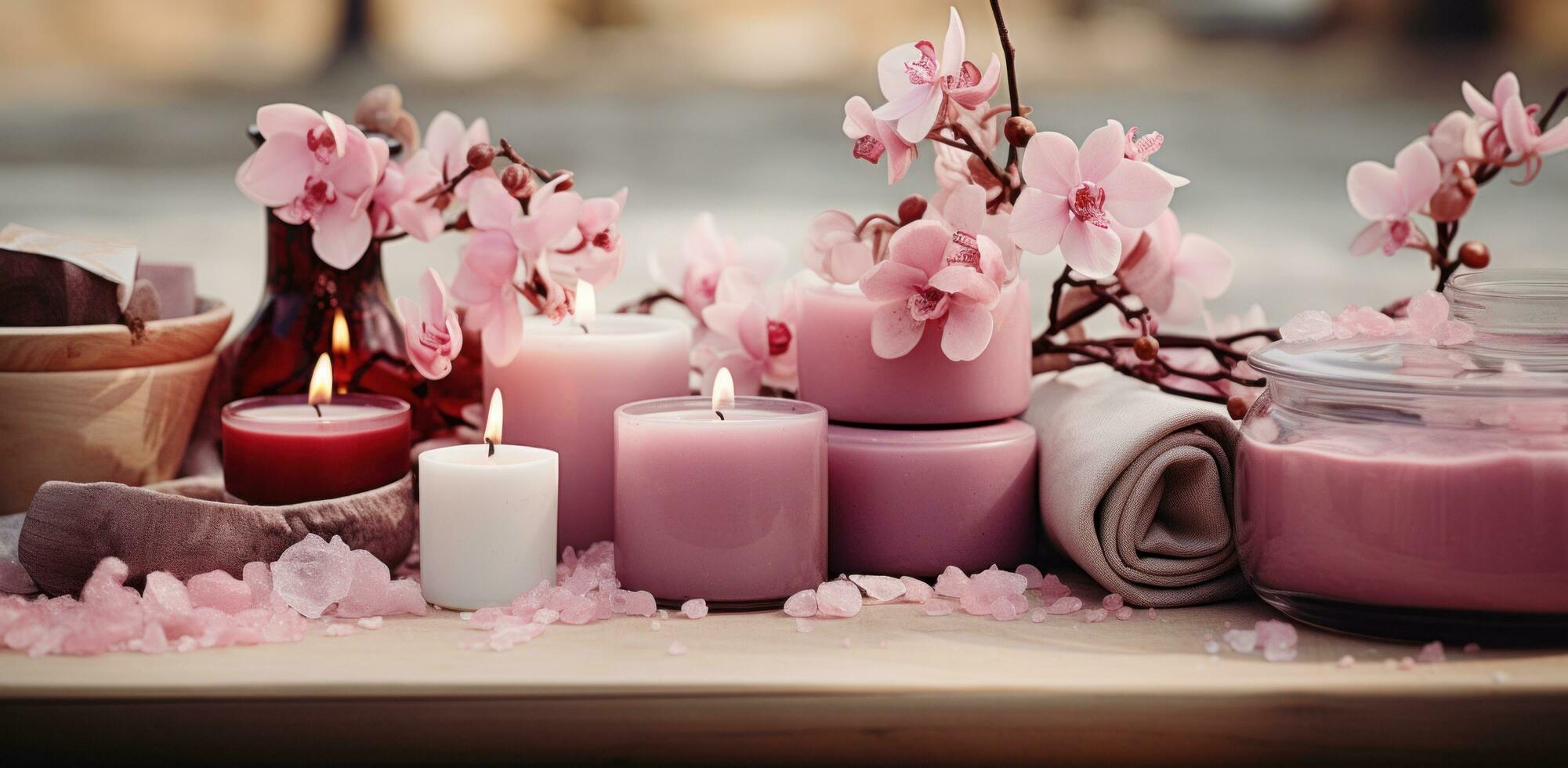 ai gegenereerd een roze tafel met bloem decoraties en spa producten foto