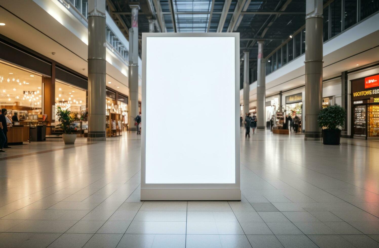 ai gegenereerd een staand poster Scherm in een boodschappen doen winkelcentrum foto