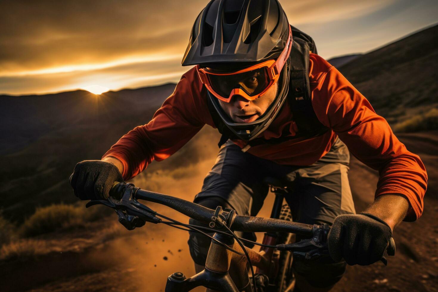 ai gegenereerd een berg fietser, vervelend een helm en zonnebril, is rijden in de zonsondergang foto