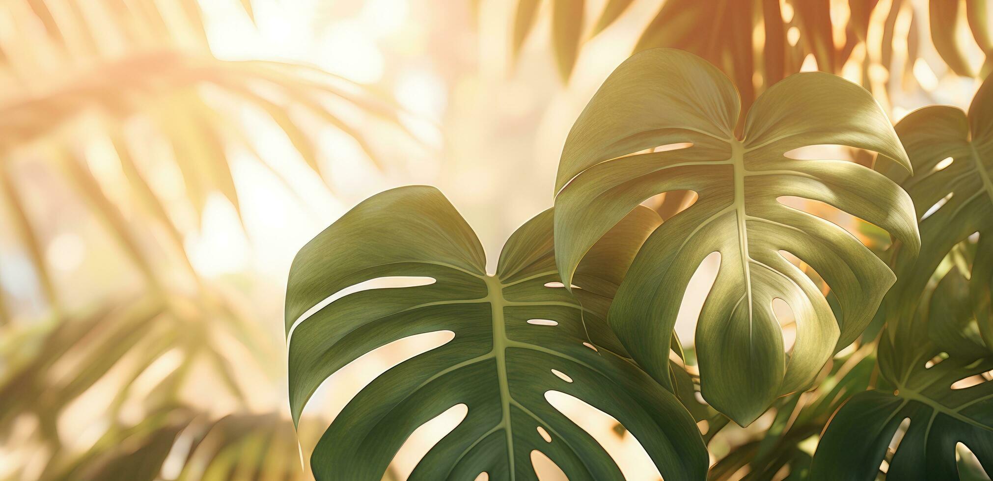 ai gegenereerd ingemaakt monstera blad bladeren met zonlicht Bij de baseren foto