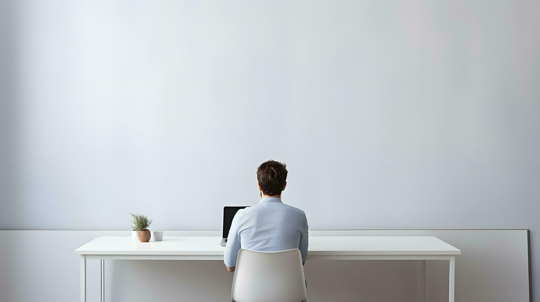 ai gegenereerd minimalistische kantoor ruimte met persoon en bureau foto