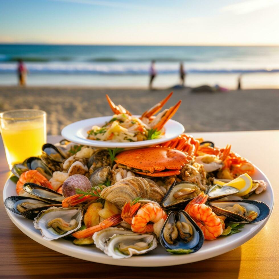 ai gegenereerd bord van heerlijk zeevruchten voorgerechten geserveerd Aan een strand tafel met een pittoreske visie van de zee foto