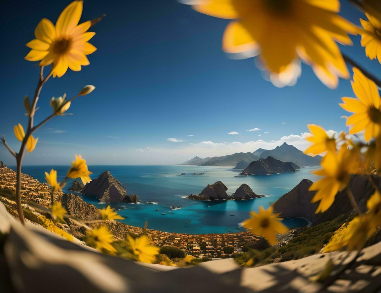 ai gegenereerd mooi zeegezicht met zonnebloemen en bergen. generatief ai foto