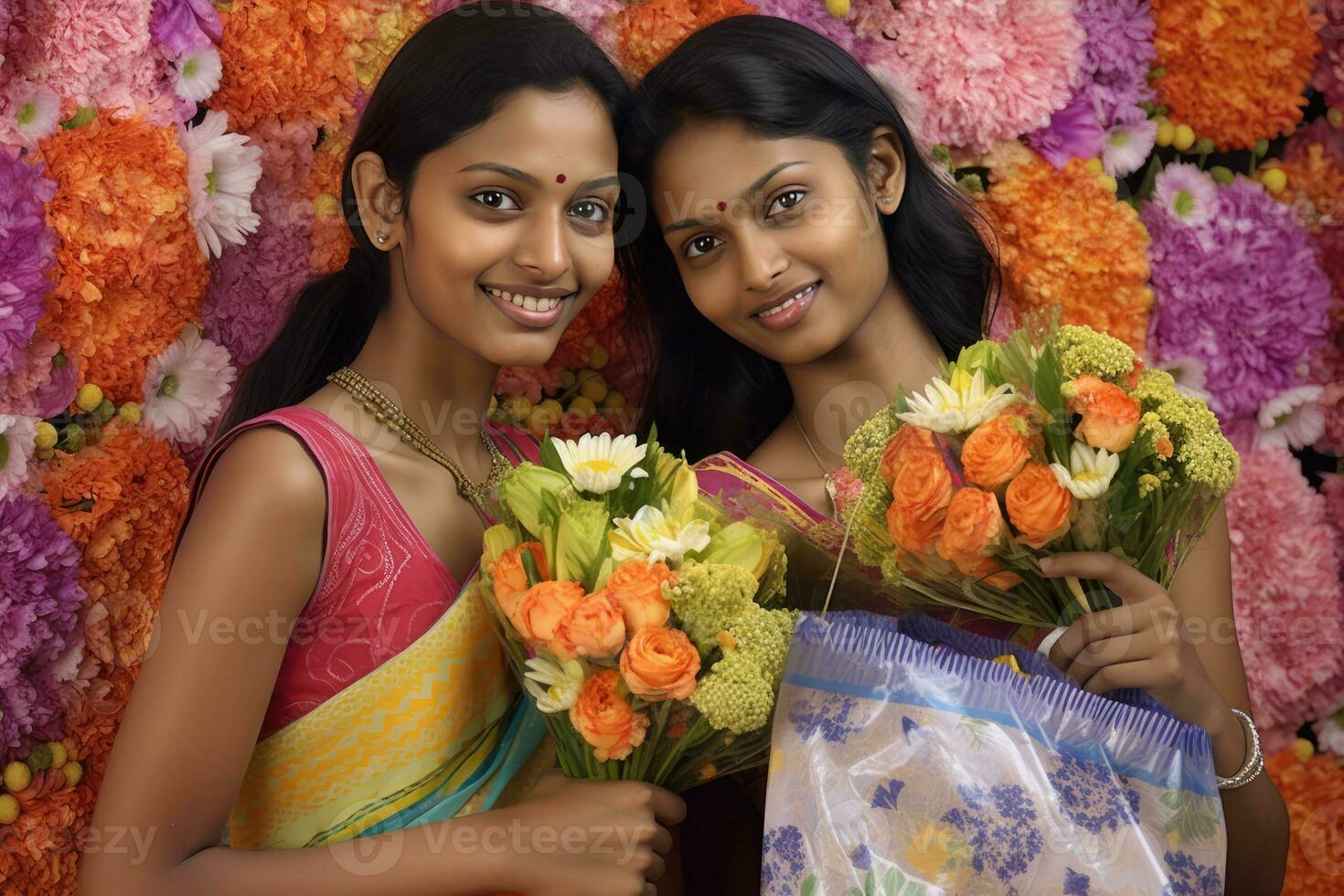 ai gegenereerd twee Indisch Dames Holding manden van bloemen foto