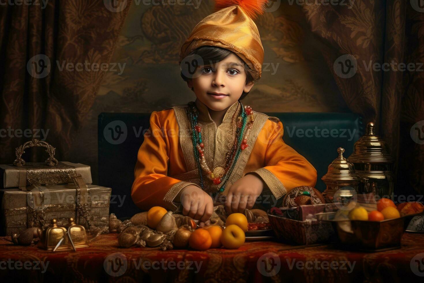 ai gegenereerd een jong jongen gekleed in Koninklijk kleding zit Bij een tafel gevulde met een verscheidenheid van voedsel artikelen. foto