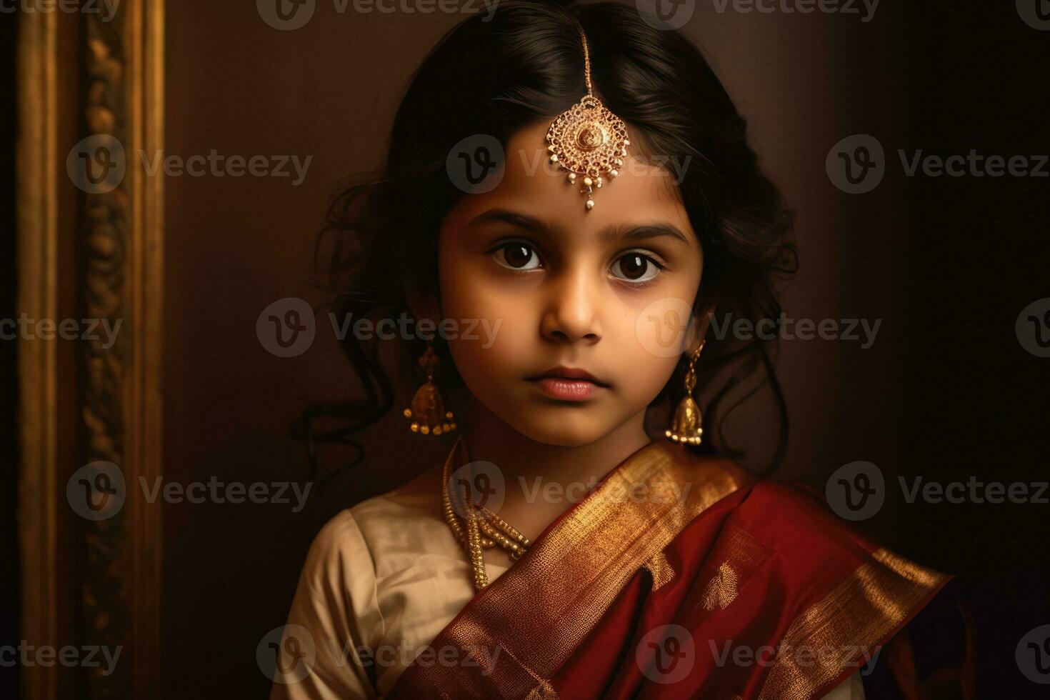 ai gegenereerd cultureel rijkdom - Indisch meisje vervelend traditioneel sieraden en een rood en geel Saree foto