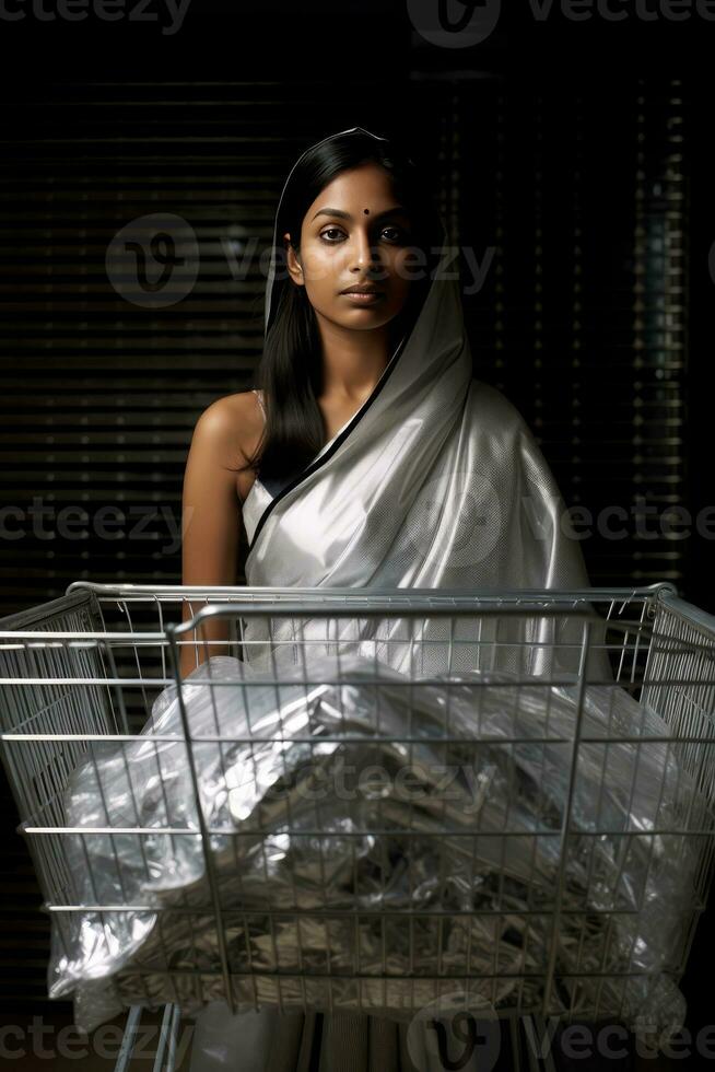 ai gegenereerd een modern Indisch vrouw in een wit sari met een boodschappen doen kar foto