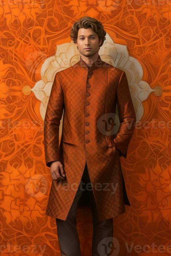 ai gegenereerd elegant Mens in traditioneel oranje Indisch gewaad foto